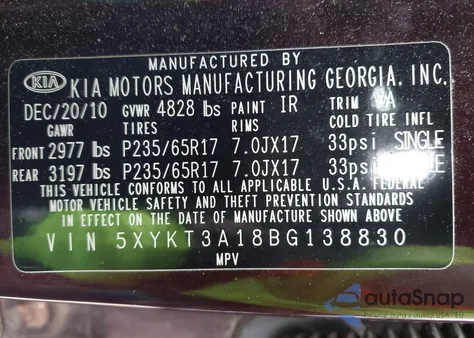 2011 Kia Sorento Lx z USA, uszkodzony, nr VIN 5XYKT3A18BG138830